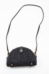 Black Woven Faux Leather Detail Semi Circle Bag - Devyn-Bags