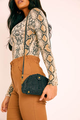 Black Woven Faux Leather Detail Semi Circle Bag - Devyn-Bags