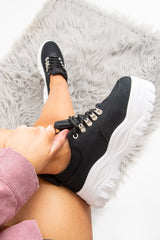 Black Woven Hiker Detail Chunky Sole Trainers - Hayslee-Trainers
