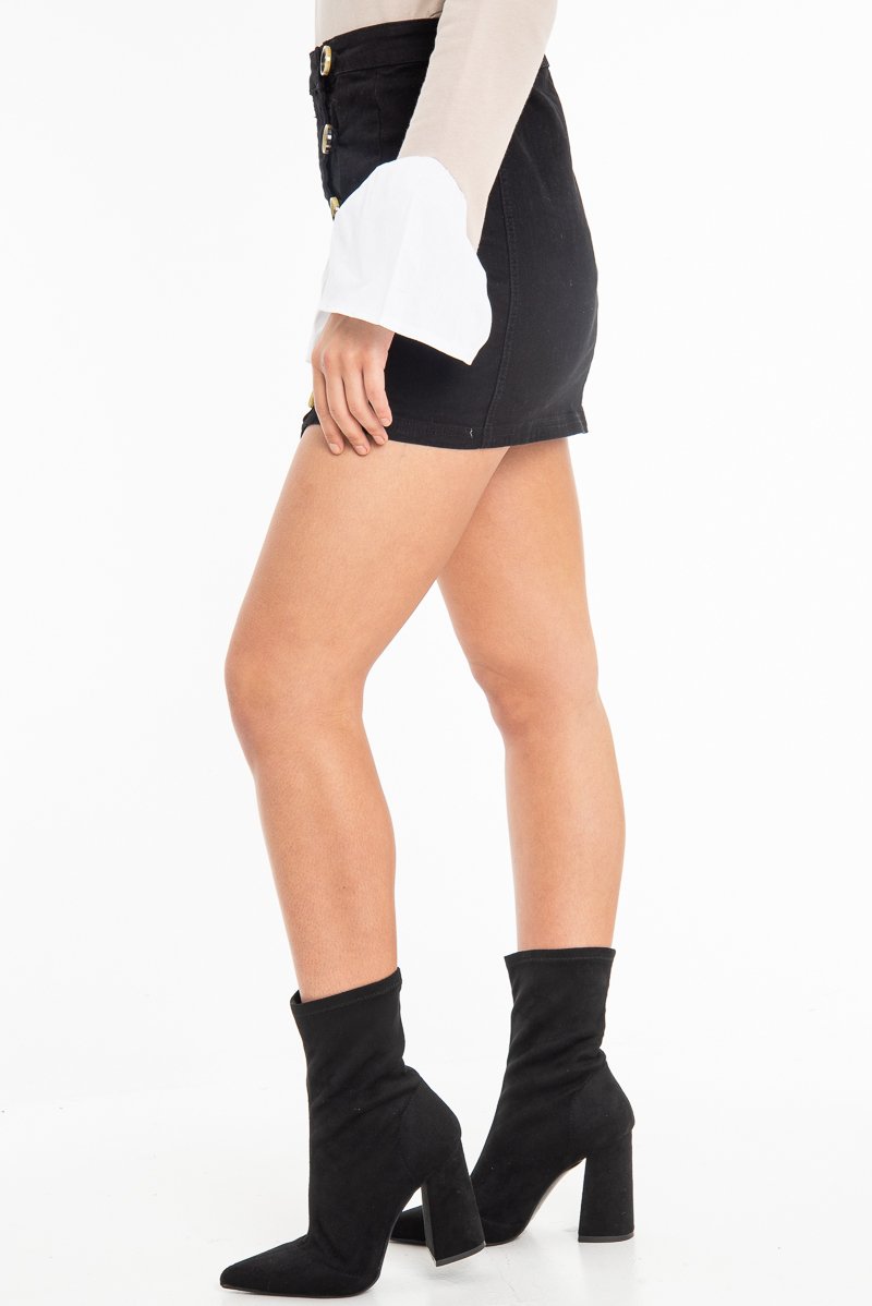Black Woven Horn Button Front Mini Skirt - Cammy-Skirts