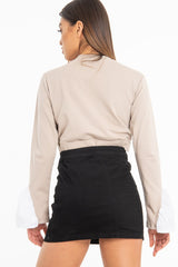 Black Woven Horn Button Front Mini Skirt - Cammy-Skirts