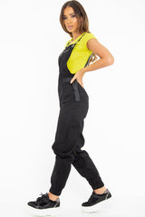 Black Woven Leather Eyelet Detail Cuffed Dungarees - Sigrid-Jumpsuits