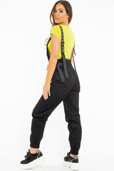 Black Woven Leather Eyelet Detail Cuffed Dungarees - Sigrid-Jumpsuits