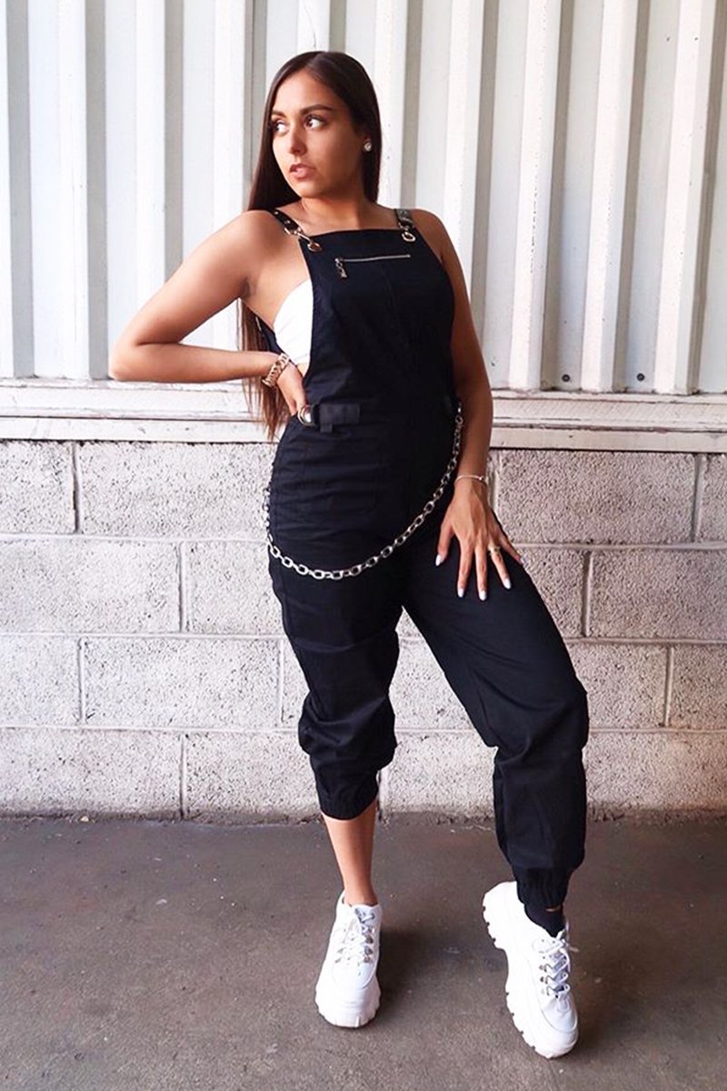 Black Woven Leather Eyelet Detail Cuffed Dungarees - Sigrid-Jumpsuits
