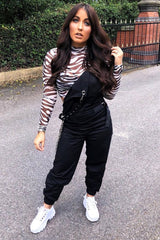 Black Woven Leather Eyelet Detail Cuffed Dungarees - Sigrid-Jumpsuits