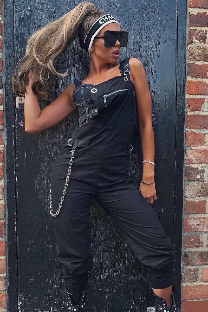 Black Woven Leather Eyelet Detail Cuffed Dungarees - Sigrid-Jumpsuits