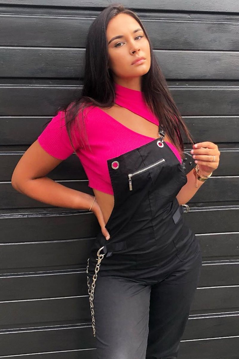 Black Woven Leather Eyelet Detail Cuffed Dungarees - Sigrid-Jumpsuits