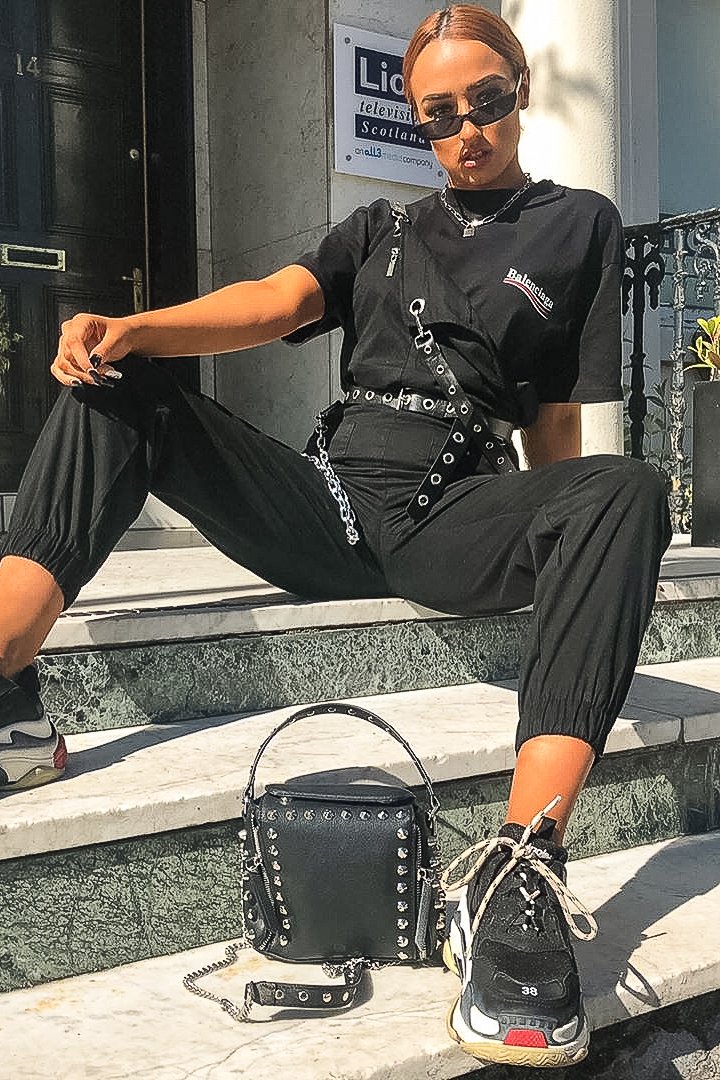 Black Woven Leather Eyelet Detail Cuffed Dungarees - Sigrid-Jumpsuits