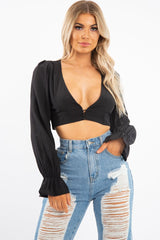 Black Woven Plunge Button Front Crop Blouse - Katerina-Crop Tops