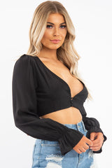 Black Woven Plunge Button Front Crop Blouse - Katerina-Crop Tops