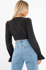Black Woven Plunge Button Front Crop Blouse - Katerina-Crop Tops