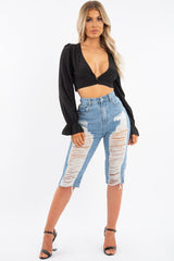 Black Woven Plunge Button Front Crop Blouse - Katerina-Crop Tops