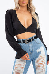 Black Woven Plunge Button Front Crop Blouse - Katerina-Crop Tops