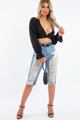 Black Woven Plunge Button Front Crop Blouse - Katerina-Crop Tops
