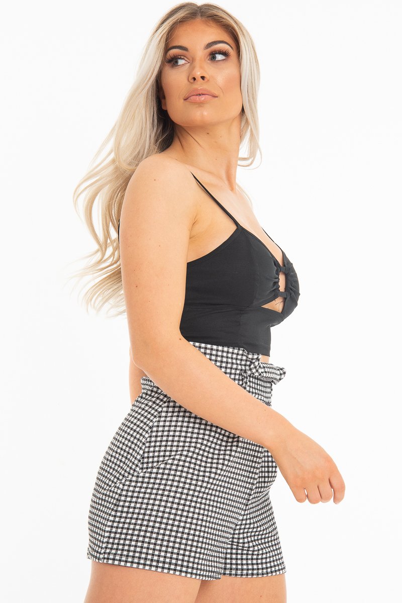 Black Woven Plunge Ring Detail Crop Top - Lettie-Crop Tops