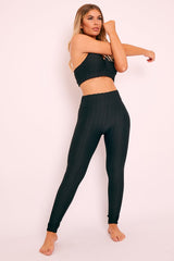 Black Woven Ribbed Leggings and Crop Top Co-ord - Henli-Co-ords