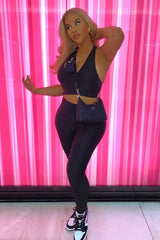 Black Woven Ribbed Leggings and Crop Top Co-ord - Henli-Co-ords