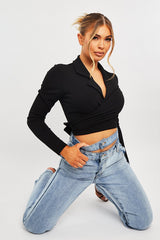 Black Wrap Around Crop Blazer - Coriana-Blazers