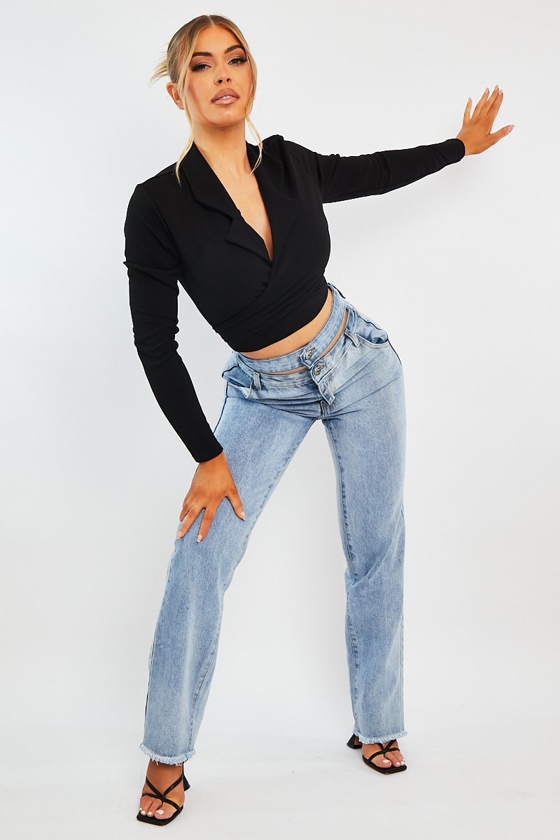 Black Wrap Around Crop Blazer - Coriana-Blazers