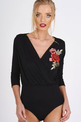 Black Wrap Around Embroidered Bodysuit - Roisin-Bodysuits