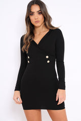 Black Wrap Front Button Detail Blazer Dress - Kendra-Dresses
