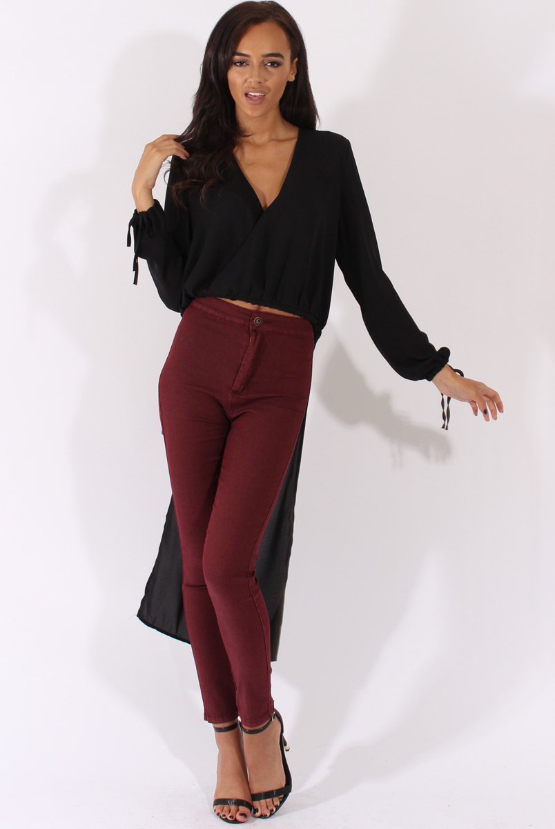 Black Wrap Front Dip Hem Shirt - Kamlyn-Dresses