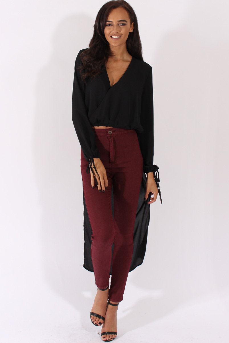 Black Wrap Front Dip Hem Shirt - Kamlyn-Dresses