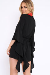 Black Wrap Front Flare Sleeve Playsuit - Emoni-Playsuits