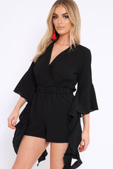 Black Wrap Front Flare Sleeve Playsuit - Emoni-Playsuits