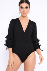 Black Wrap Front Frill Sleeves Bodysuit - Yazlin-Bodysuits