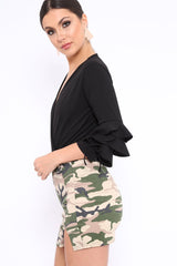 Black Wrap Front Frill Sleeves Bodysuit - Yazlin-Bodysuits