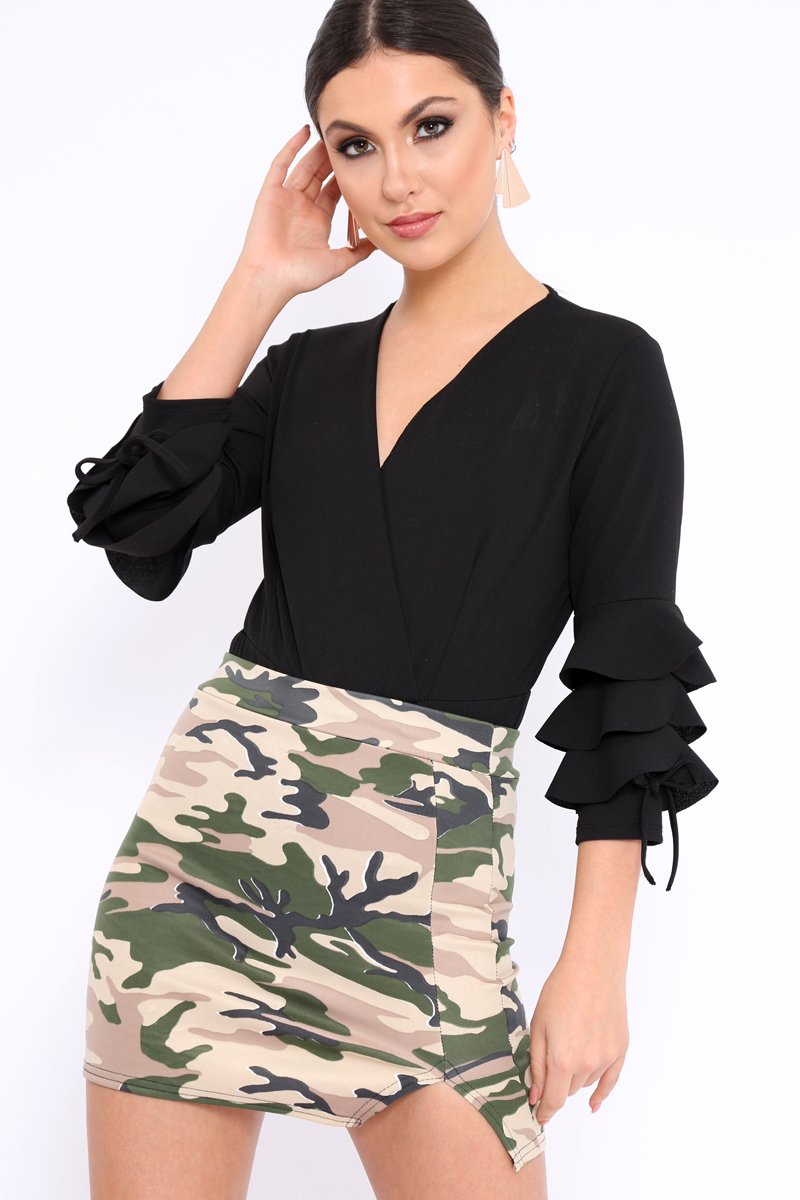 Black Wrap Front Frill Sleeves Bodysuit - Yazlin-Bodysuits