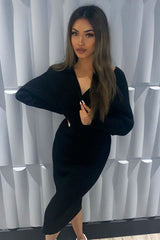 Black Wrap Front Knit Midi Dress - Edan-Dresses