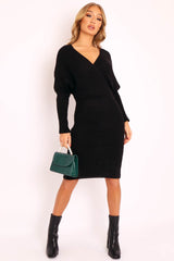 Black Wrap Front Knit Midi Dress - Edan-Dresses