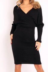 Black Wrap Front Knit Midi Dress - Edan-Dresses