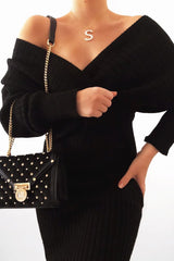 Black Wrap Front Knit Midi Dress - Edan-Dresses