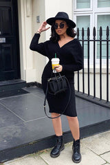 Black Wrap Front Knit Midi Dress - Edan-Dresses