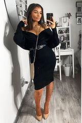 Black Wrap Front Knit Midi Dress - Edan-Dresses