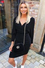 Black Wrap Front Knit Midi Dress - Edan-Dresses