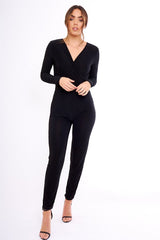 Black Wrap Front Long Sleeved Slinky Jumpsuit - Kendal-Jumpsuits