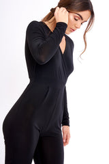 Black Wrap Front Long Sleeved Slinky Jumpsuit - Kendal-Jumpsuits