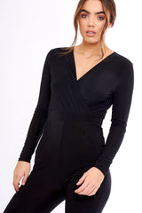 Black Wrap Front Long Sleeved Slinky Jumpsuit - Kendal-Jumpsuits