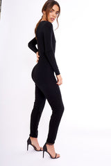 Black Wrap Front Long Sleeved Slinky Jumpsuit - Kendal-Jumpsuits