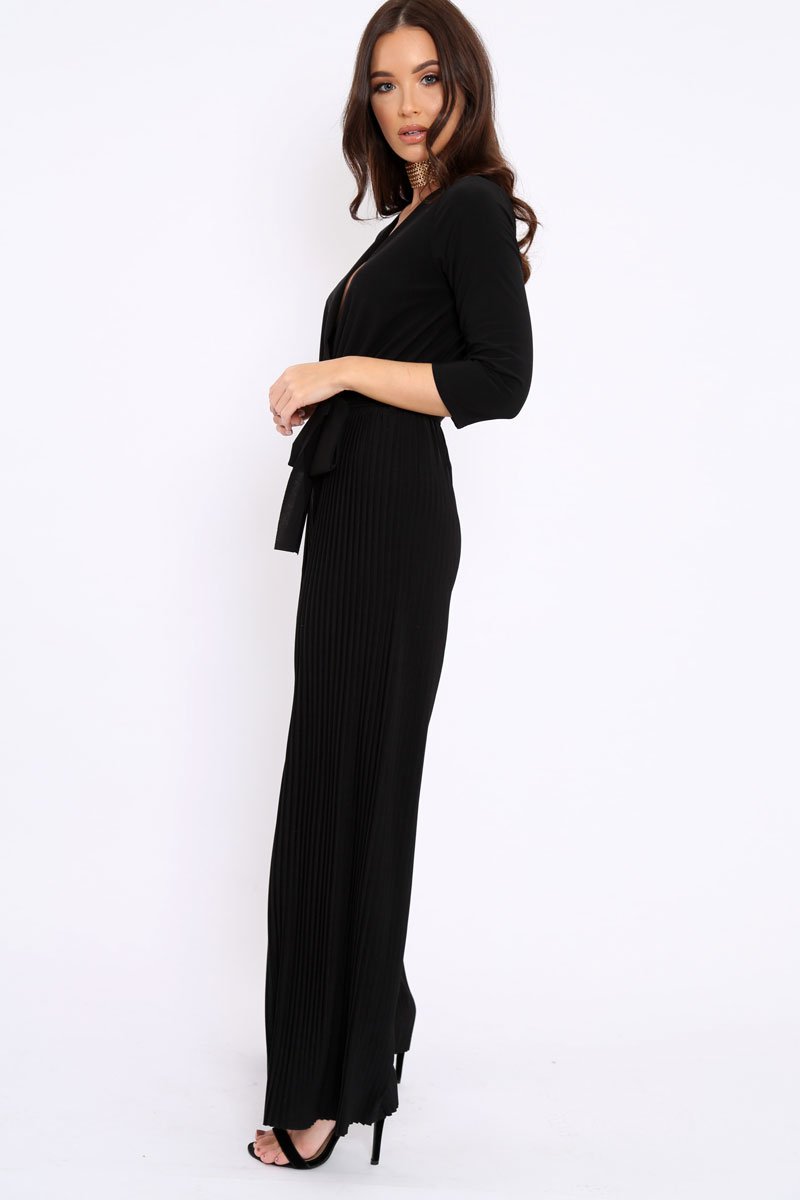 Black Wrap Front Plisse Leg Jumpsuit - Haiden-Jumpsuits