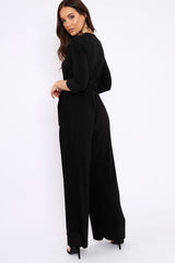 Black Wrap Front Plisse Leg Jumpsuit - Haiden-Jumpsuits