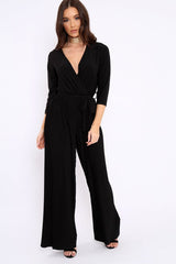 Black Wrap Front Plisse Leg Jumpsuit - Haiden-Jumpsuits