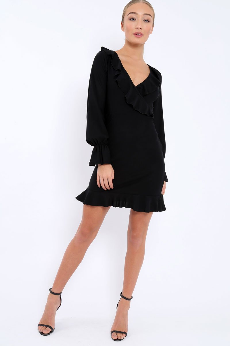 Black Wrap Mini Dress with Frills