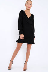 Black Wrap Mini Dress with Frills - Maleigh-Dresses