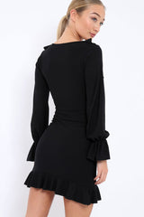Black Wrap Mini Dress with Frills - Maleigh-Dresses