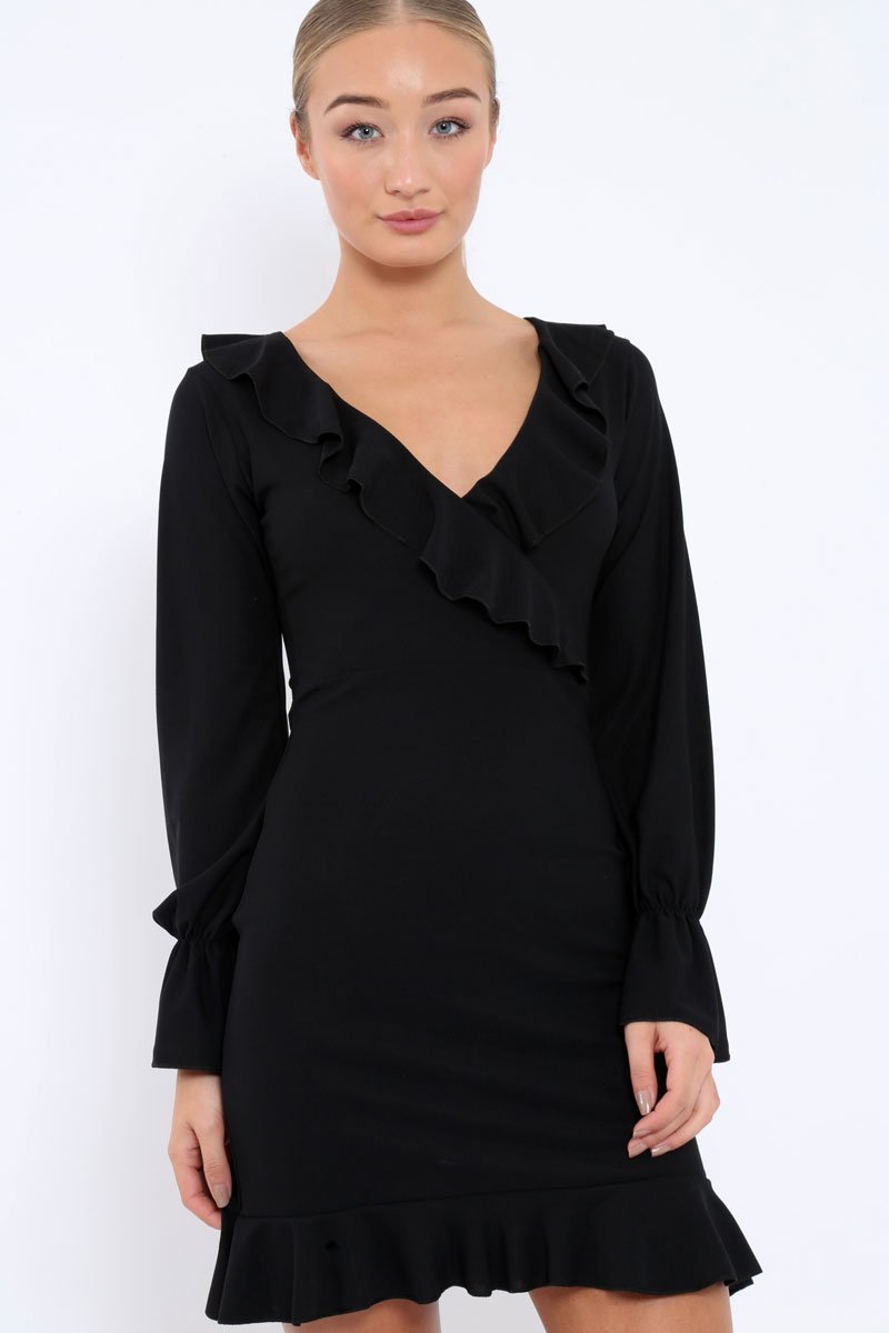 Black Wrap Mini Dress with Frills